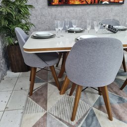 Sala de Jantar Mesa Guiné com 6 Cadeiras Dilly Fixa D'confort Design Linho Mesclado Bege Claro e Esc - 4