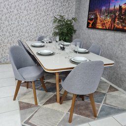 Sala de Jantar Mesa Guiné com 6 Cadeiras Dilly Fixa D'confort Design Linho Mesclado Bege Claro e Esc - 5