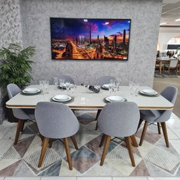 Sala de Jantar Mesa Guiné com 6 Cadeiras Dilly Fixa D'confort Design Linho Mesclado Bege Claro e Esc - 3