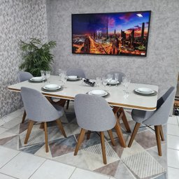 Sala de Jantar Mesa Guiné com 6 Cadeiras Dilly Fixa D'confort Design Linho Mesclado Bege Claro e Esc - 2