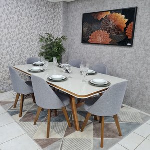 Sala de Jantar Mesa Guiné com 6 Cadeiras Dilly Fixa D'confort Design Linho Mesclado Bege Claro e Esc