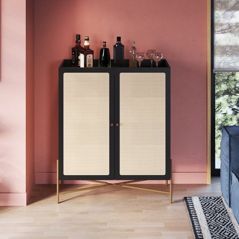Cristaleira 2 Portas 93cm Palhinha Pé Metal Oslo Preto/Nero/Dourado