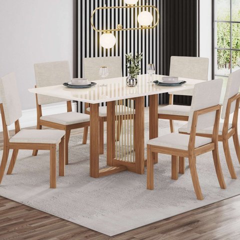 Conjunto Sala Jantar Canto Reto com Vidro 6 Cadeira Kelly Espresso Móveis Off White/Nature