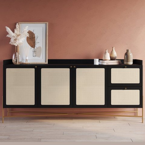 Buffet Aparador 3 Portas 2 Gavetas Palhinha Pé Metal Oslo Preto/Nero/Dourado