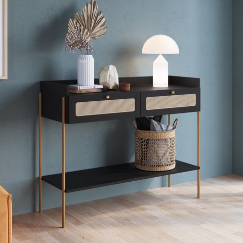 Aparador 2 Gavetas 103cm Palhinha Pé Metal Oslo Preto/Nero/Dourado
