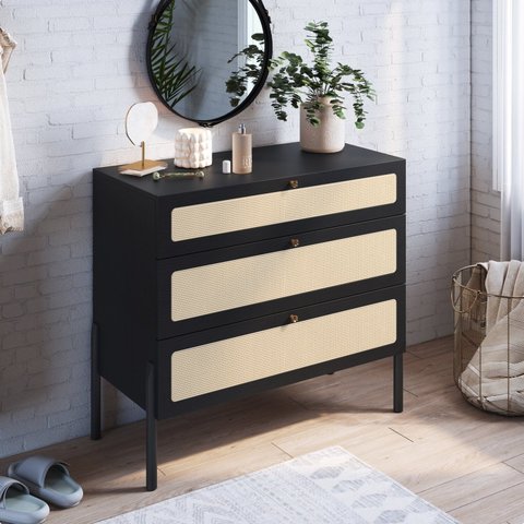 Cômoda 3 Gavetas Palhinha Pé Madeira Oslo Preto/Nero