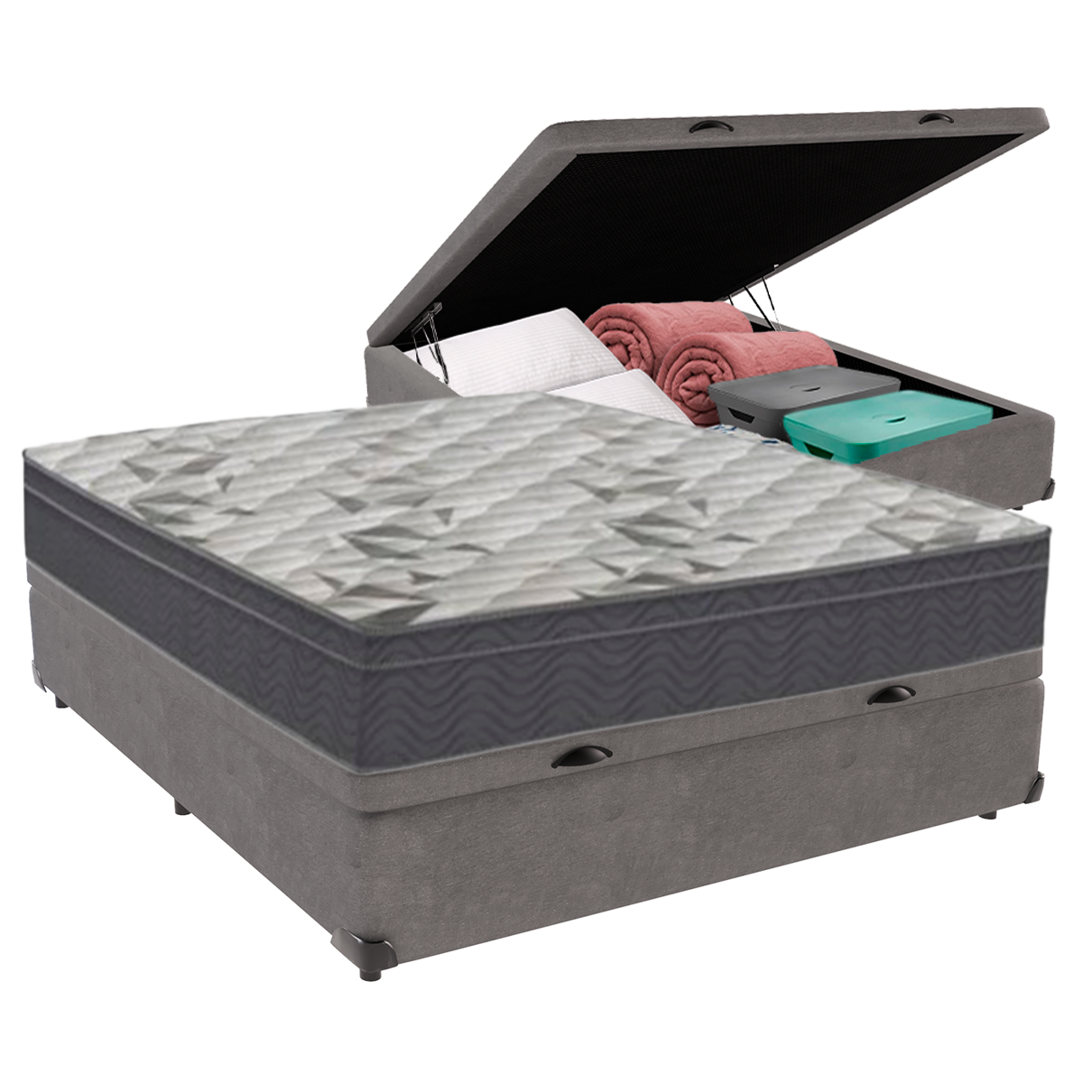 Cama Box Baú Casal Cinza e Colchão Airtech 100 D33 Ortobom