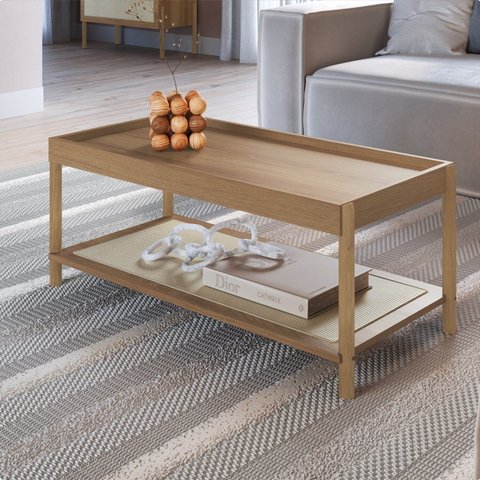 Mesa de Centro Retangular com Prateleira 93cm Palhinha Pé Madeira Oslo Bege
