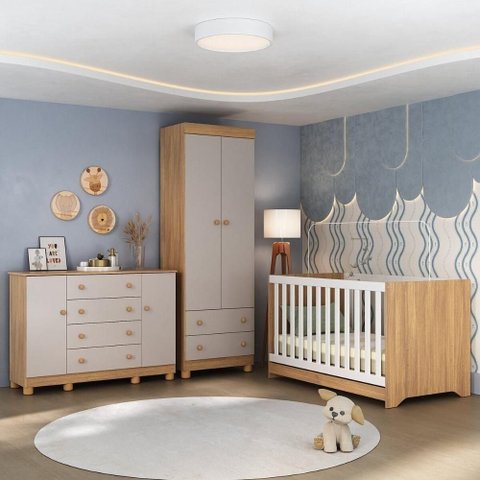 Quarto de Bebê Completo com Berço Americano 3 em 1 Allegra Multimóveis Mp4594 Madeirado/off White