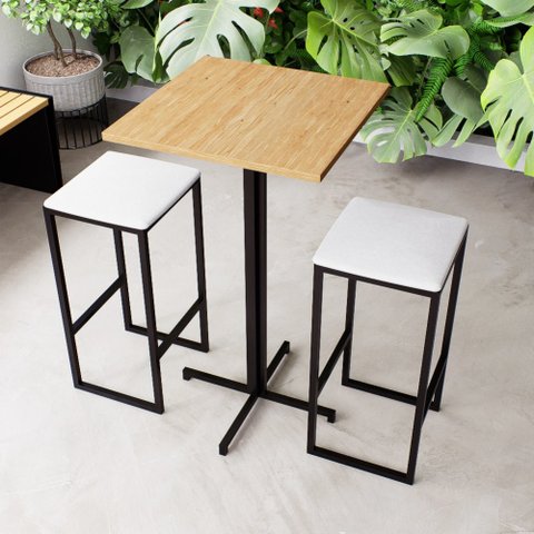 Conjunto Mesa Alta Bar Bistrô Quadrada Pinus 2 Bancos Estofado Don Castro Decor