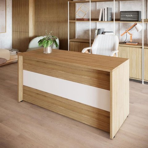 Balcão de Atendimento 135 cm Reto Baixo Recepção F5 Office Cor:Macadâmia com Branco