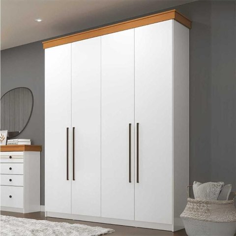 Guarda Roupa Solteiro London 4 Portas de Bater 2 Gavetas MDF Branco Brilho com Freijó