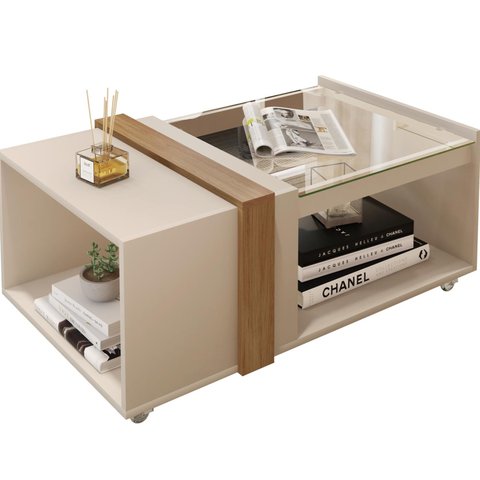 Mesa de Centro Sala Tampo Vidro Detalhes Moderno Rodízios:off White-buriti