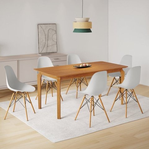 Conjunto Sala de Jantar Mesa Madeira Maciça com 6 Cadeiras Eames Espresso Móveis Marrom/Cinamomo/Branco