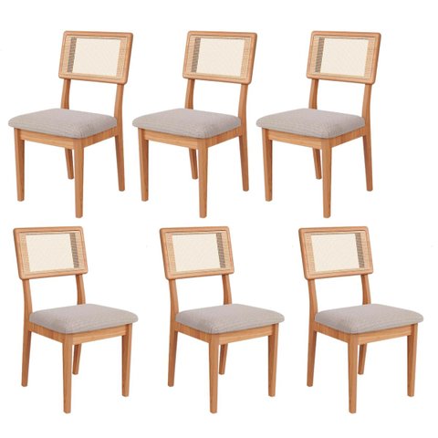 Kit 6 Cadeiras com Assento Estofado Encosto em Tela 100% Mdf Freijó Bege Rústico Dalla Costa