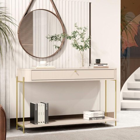 Aparador Estilo Nobre MDF 123cm Off White Dourado Bechara Móveis