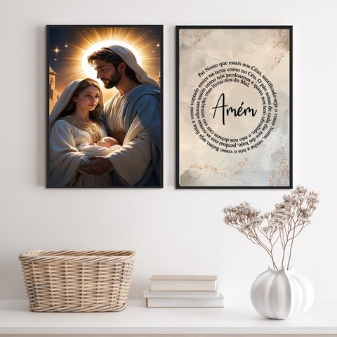 Kit 2 Quadros Sagrada Família - Pai Nosso 24x18cm - com Vidro:madeira Preta