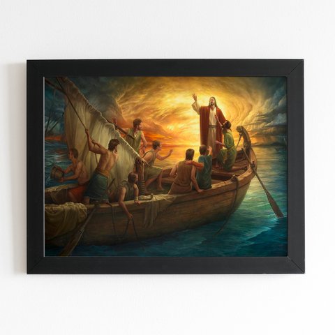 Jesus Cristo Barco Religioso Quadro Moldura Preta 60x40cm