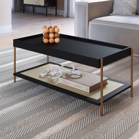 Mesa de Centro Retangular com Prateleira 93cm Palhinha Pé Metal Oslo Preto