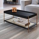 Ver imagem 1 de Mesa de Centro Retangular com Prateleira 93cm Palhinha Pé Metal Oslo Preto