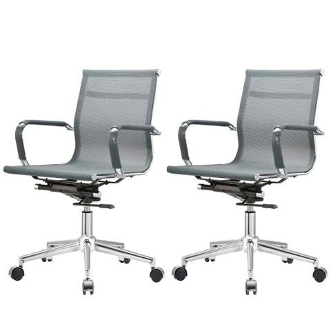 Kit 2 Cadeiras Giratória Office Sydney Diretor Fratini Tela Cinza Base Rodízio Aço Cromado