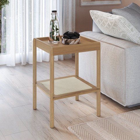 Mesa Lateral Quadrada com Prateleira 43cm Palhinha Pé Madeira Oslo Bege