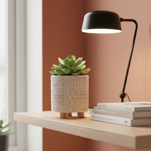 Cachepot de Cimento com Pés de Madeira ? Vaso Simbolos em Relevo
