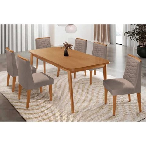Conjunto: Mesa de Cozinha Havana Curvo 180cm + 6 Cadeiras Maldivas Naturale - Linho Capuccino -