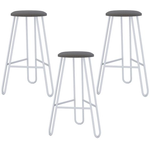 Kit 03 Banquetas Baixa Bar Cozinha Sala de Jantar Áris C01 Branco Linho Azul Jeans - Lyam Decor