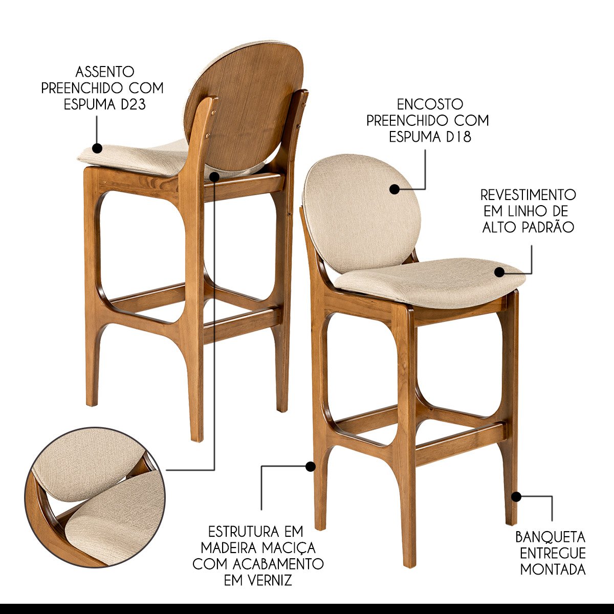 Kit 6 Banquetas Alta para Cozinha 50 x 108 Cm Noruega Madeira Maciça ...