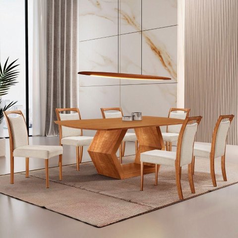 Mesa Ane 180 Tampo Laminado Barril com 6 Cadeiras Munique Linho Off Imbuia Natural