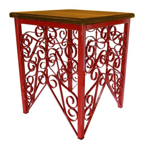Mesa de Canto para Sala de Ferro Artesanal Rustica Decorativa com Madeira - Vermelho