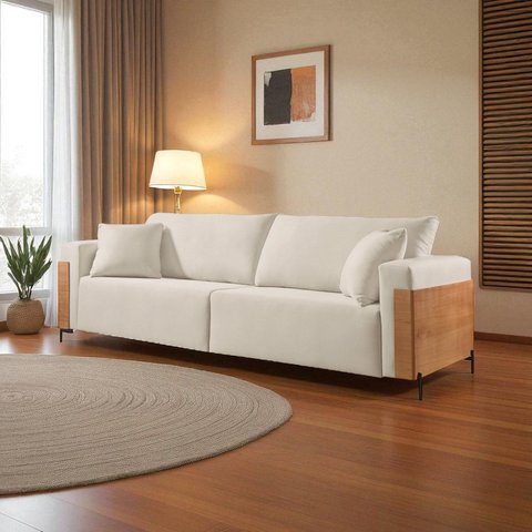 Sofá Fixo Heitor 4 Lugares Luxo Pé de Metal 2,60m Castellar Móbile Branco Corino Off White