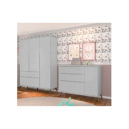 Kit Quarto Infantil Bebê Melinda Retrô Com Pés Cômoda 3 Gavetas Guarda Roupa 3 Portas 2 Gavetas Cza  - 2