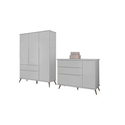 Kit Quarto Infantil Bebê Melinda Retrô Com Pés Cômoda 3 Gavetas Guarda Roupa 3 Portas 2 Gavetas Cza  - 1