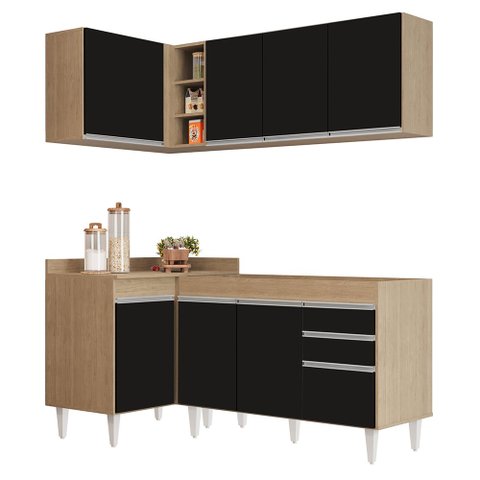 Armário de Cozinha Modulado de Canto Direito 4 Peças Cp37 Balcão sem Tampo Castanho/preto - Lumil Lu