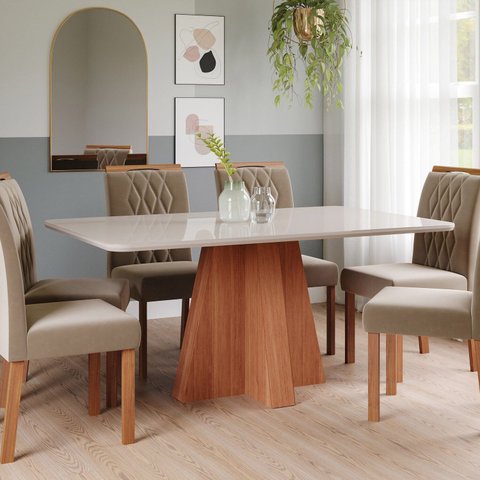 Sala de Jantar Maitê 160 cm com 6 Cadeiras Juliana Wood Marrom/Cinamomo/Off
