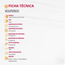 Guarda Roupa Casal Connor 100 Mdf 3 Portas de Correr Moderna Mobília - 7