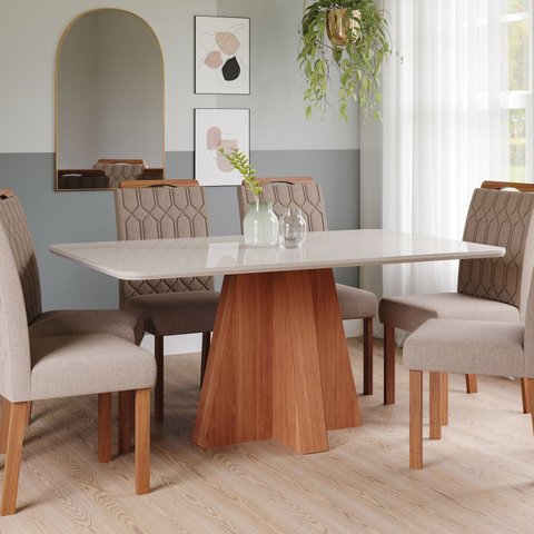 Sala de Jantar Maitê 160 cm com 6 Cadeiras Paola Wood Marrom/Cinamomo/Off/Bege