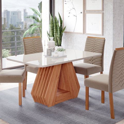 Sala de Jantar Agata 130 cm com 4 Cadeiras Clarice Wood Marrom/Cinamomo/Off/Madeira/Joli