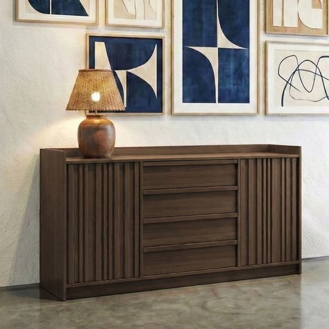 Cômoda 2 Portas Ripadas e 4 Gavetas Seringal CabeCasa MadeiraOriginals Marrom/Nogal