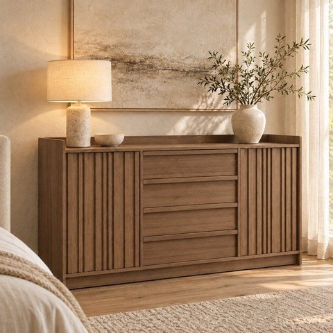 Cômoda 2 Portas Ripadas e 4 Gavetas Seringal CabeCasa MadeiraOriginals Marrom/Nogal