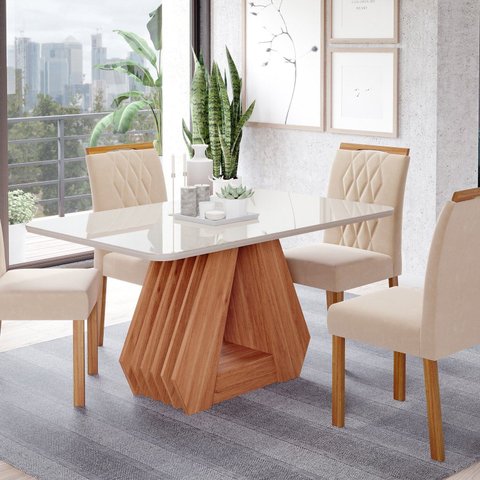Sala de Jantar Agata 130 cm com 4 Cadeiras Juliana Wood Marrom/Off/Mad/Nude