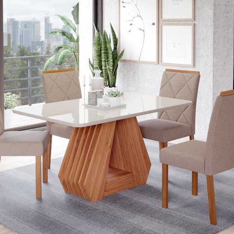 Sala de Jantar Agata 130 cm com 4 Cadeiras Fernanda Wood Marrom/Off/Madeira