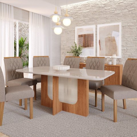 Sala de Jantar Louise 180cm com 6 Cadeiras Juliana Wood Marrom/Cinamomo/Off Bege