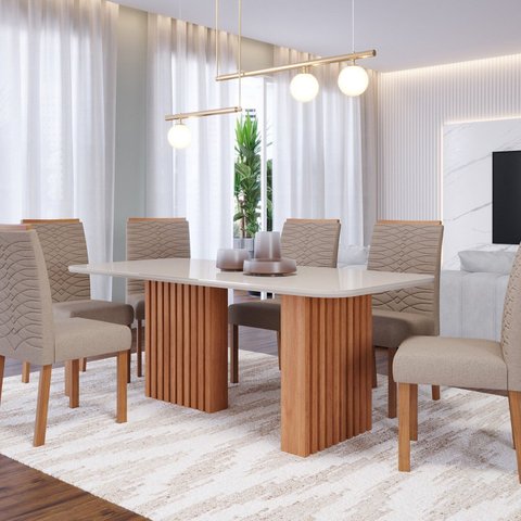 Conjunto Sala de Jantar 6 Lugares Retangular Tampo de Vidro/MDF Ester Cadeiras Clarice Wood Marrom/C