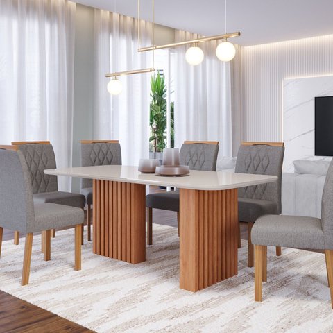 Conjunto Sala de Jantar 6 Lugares Retangular Tampo de Vidro/MDF Ester Cadeiras Juliana Wood Marrom/C