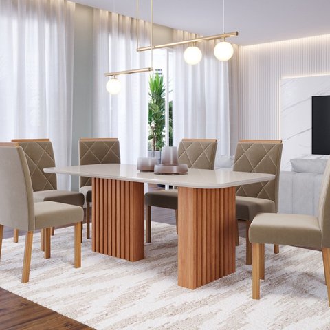 Conjunto Sala de Jantar 6 Lugares Retangular Tampo de Vidro/MDF Ester Cadeiras Fernanda Wood Marrom/
