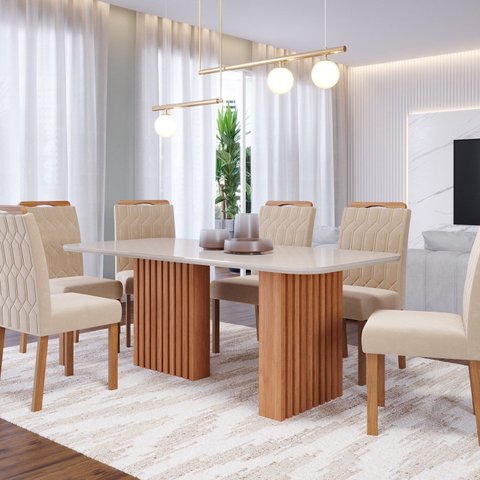 Conjunto Sala de Jantar 6 Lugares Retangular Tampo de Vidro/MDF Ester Cadeiras Paola Wood Marrom/Cin