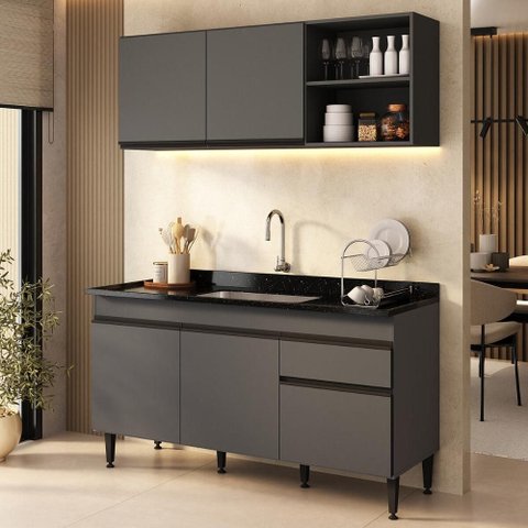 Armário Cozinha Modulada Compacta com Pia 150cm Milano Multimóveis MCR2474 Grafite/Preto